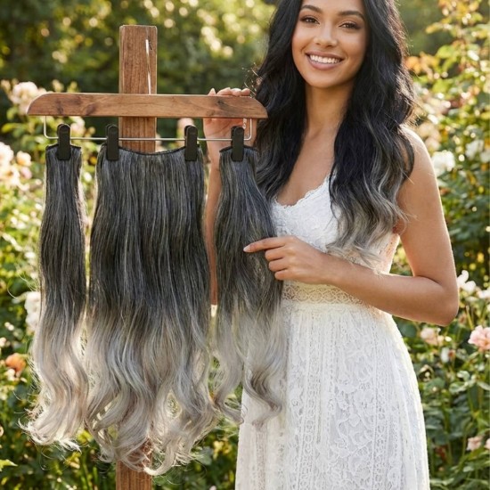 Ankara Fiber Sentetik Saç 1 Adet Yarımay 2 Adet Yan Çıt Çıt Siyah Koyu Gri Ombre