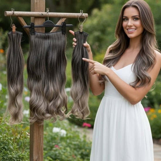 Ankara Fiber Sentetik Saç 1 Adet Yarımay 2 Adet Yan Çıt Çıt Siyah Koyu Gri Ombre