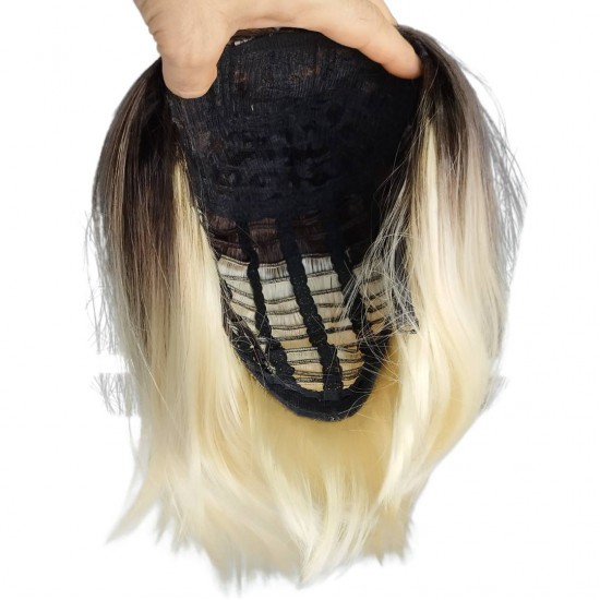 Ankara Kızılay Kaliteli Fiber Sentetik Peruk Koyu Kumral Platin Ombre Kısa Küt