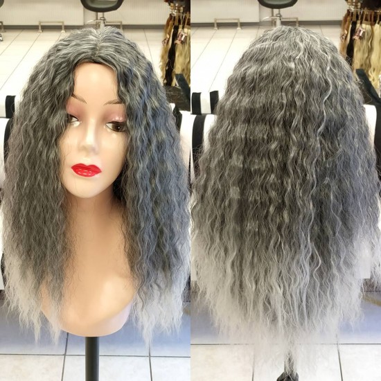 Ankara Kızılay Peruk Uzun Fiber Sentetik Su Dalgası Açık Gri Ombre